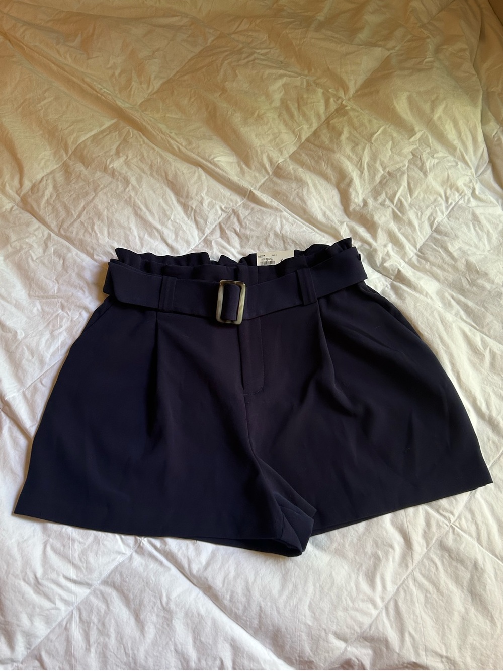 Nine West Navy High-Waist Belted Paperbag Shorts